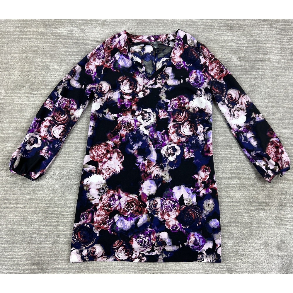 Covington Dress Womens Medium M Purple Pink Black Floral Split‎ Neck Long Sleeve